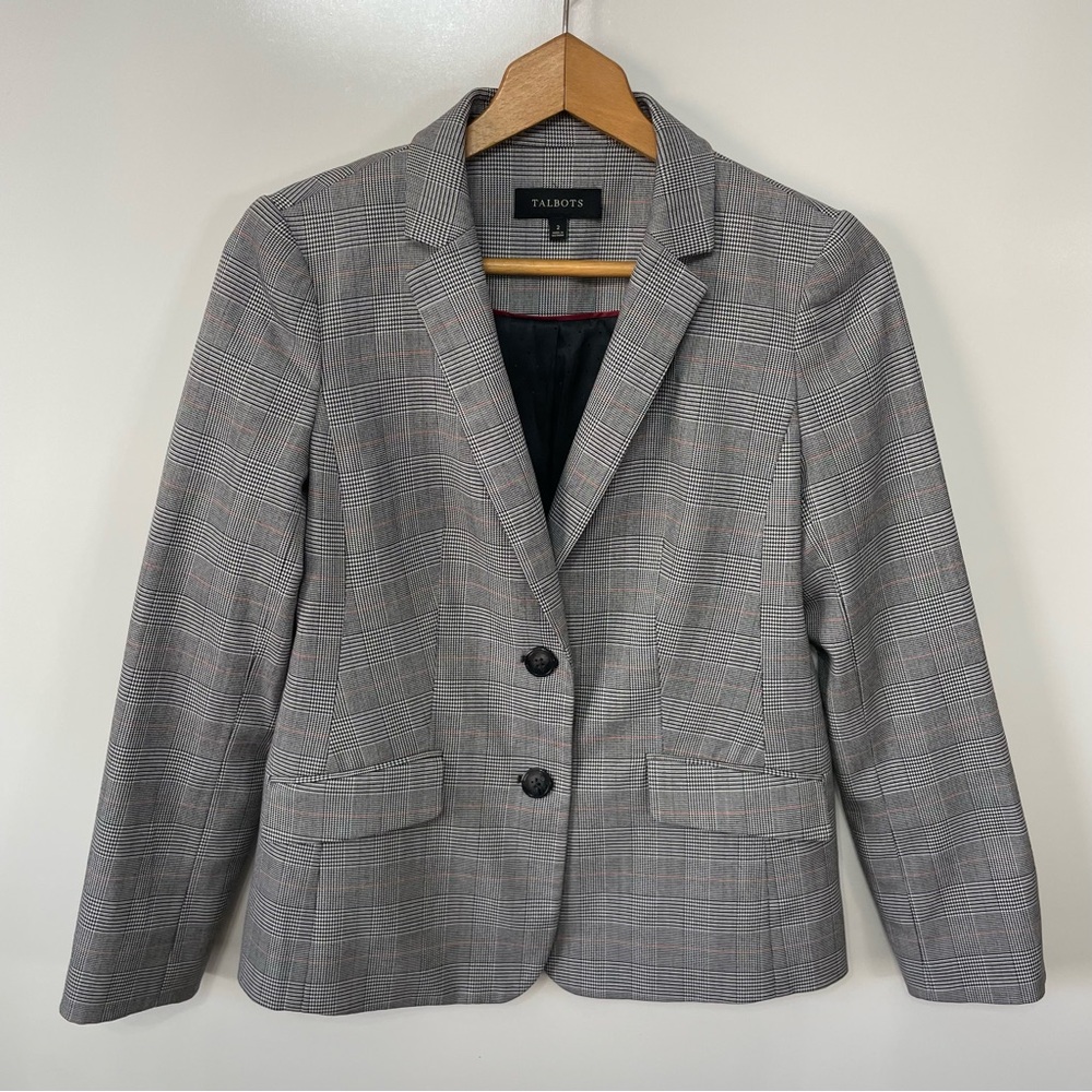Talbots Women's Glen Check Gray with Pink Stripe Fitted Blazer, Size 2